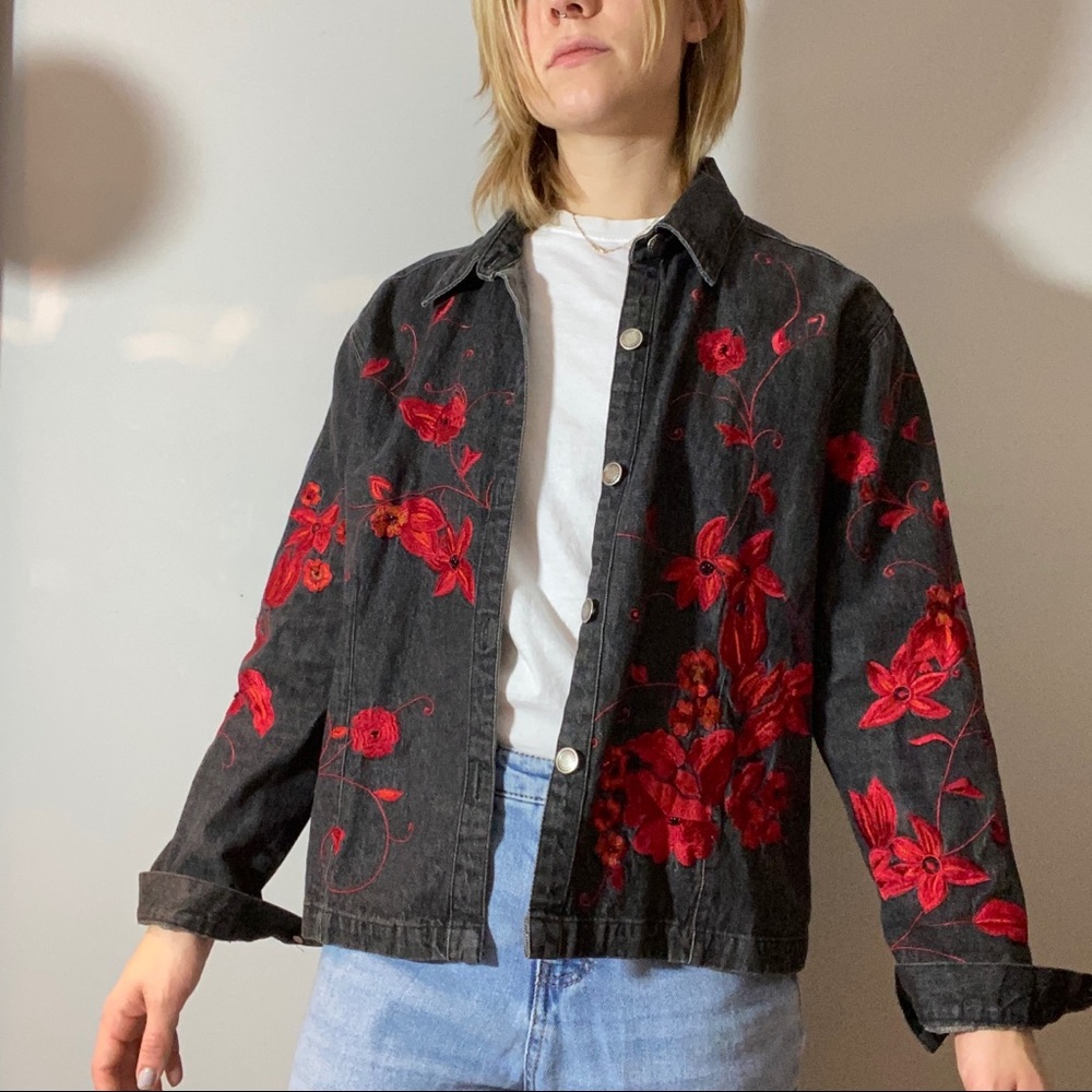 Black Denim Jacket with Embroidered Flowers
